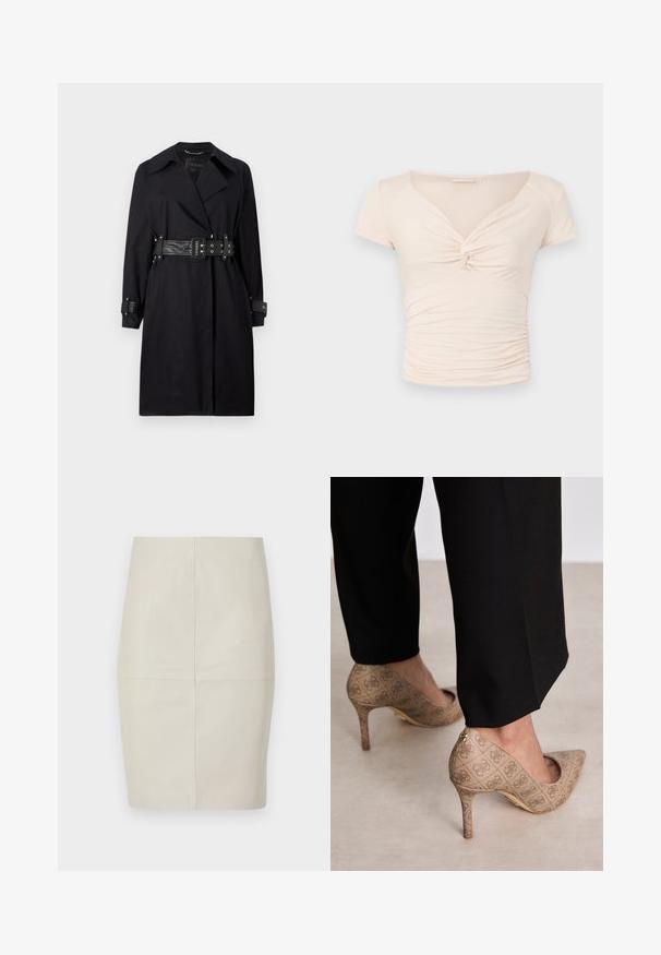 Manteau noir en trench avec une taille cintrée, un large col et des poignets à boutons. Fait d'un tissu lisse avec un design minimaliste et sans motifs.; Haut beige clair à manches courtes avec un col en V et un détail torsadé à l'avant, présentant une texture froncée sur les côtés pour un design ajusté.; Jupe crayon en cuir beige clair avec des coutures verticales, forme structurée et texture lisse, dotée d'une taille mi-haute et sans éléments de fixation visibles.; Chaussures à talons hauts beiges en tissu texturé avec un motif répétitif. Design à bout pointu avec un accent à l'arrière et détail de talon doré.