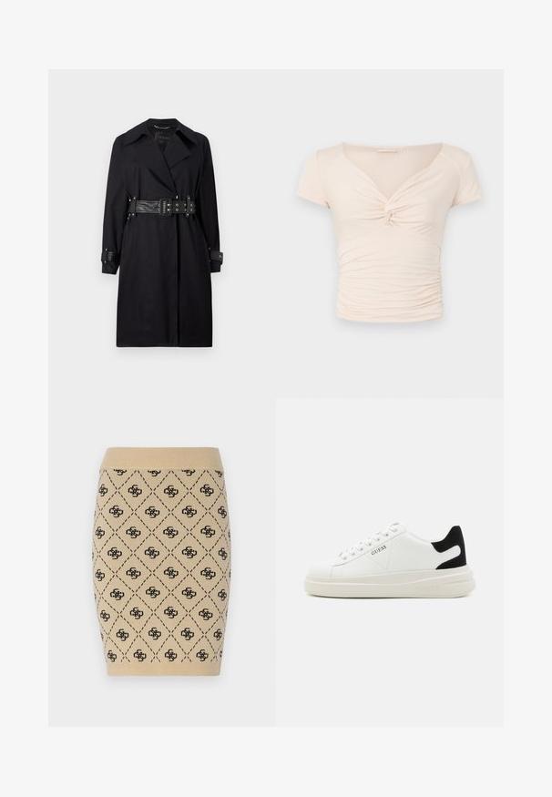 Palton negru cu talie accentuată printr-un brâu, guler larg și manșete cu nasturi. Construit dintr-un material fin, cu un design minimalist și fără modele.; Top scurt, de culoare bej deschis, cu mânecă scurtă și decolteu în V, având detaliu răsucit în față, cu textură adunată pe laturi pentru un design ajustat.; Fustă creion bej tricotată, cu un model în diamant și accente negre cu logo repetitiv, având un tiv ondulat pentru un plus de textură.; Adidași din piele albă cu o talpă groasă albă, accent de călcâi din suede negru și logo embosat pe lateral. Design cu șireturi și șase orificii.
