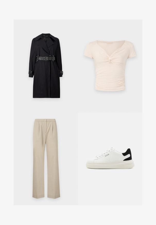 Černý trenčkot s opaskem v pase, širokým límcem a knoflíkovými manžetami. Vyrobený z hladkého materiálu s minimalistickým designem a bez vzorů.; Světle béžový top s krátkým rukávem a výstřihem do V, s twist detailem na přední straně, který má na bocích nařasenou strukturu pro přiléhavý design.; Světlé béžové kalhoty se rovnými nohavicemi, elastickým pasem a jedním detailem knoflíku vpředu. Vyrobeno z texturované látky.; Bílé kožené tenisky s tlustou bílou podrážkou, černým semišovým akcentem na patě a vyraženým logem na boku. Šněrovací design se šesti očka.