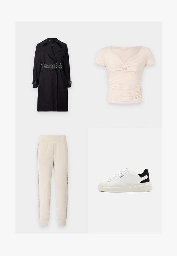Sort trenchcoat med bælte i taljen, bred krave og knappede manchetter. Fremstillet af et glat stof med et minimalistisk design og uden mønstre.; Lyst beige kortærmet top med V-hals og twist-detalje foran, med samlede teksturer langs siderne for en tætsiddende design.; Beige sweatpants med en blød tekstur, elastisk talje og sidelæg med et mønstrede accent. Taperede ben og manchetter ved bunden.; Hvide lædersneakers med en tyk hvid sål, sort ruskindhælvægt og prægede logoer på siden. Snørebåndsdesign med seks øjer.