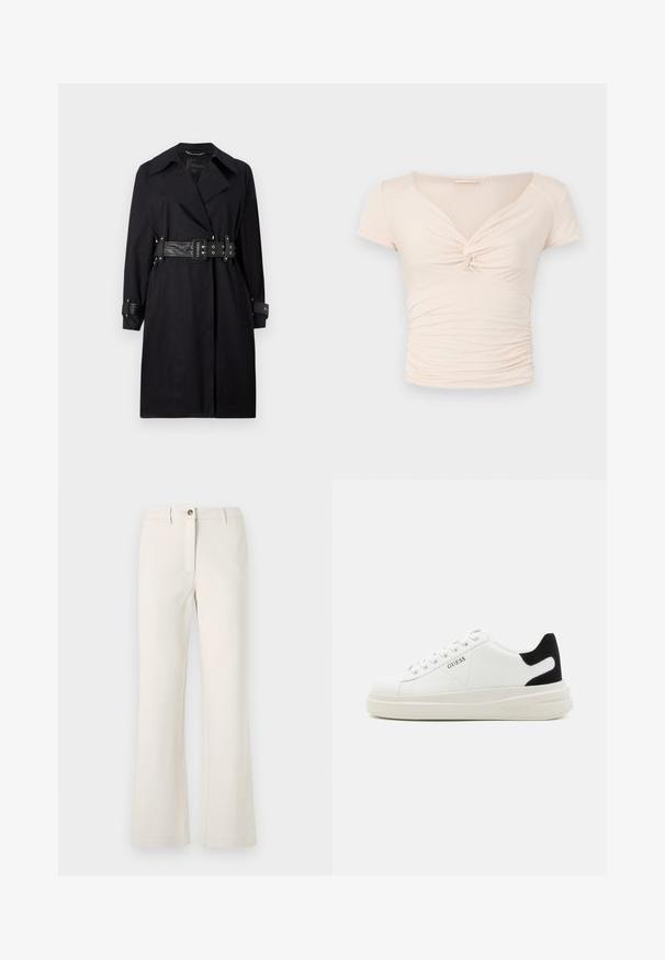 Fekete trench kabát övvel a deréknál, széles gallérral és gombos mandzsettával. Simább anyagból készült, minimalista dizájnnal és minta nélkül.; Világos bézs színű, rövid ujjú felső V-nyakkal és elülső csavart részlettel, oldalt gyűrt textúrával a testhez álló fazonért.; Beige színű, flared lábú nadrág, sima anyagból készült. Egyetlen elülső gombbal és cipzárral záródik, övhurkokkal rendelkezik.; Fehér bőr sportcipők vastag fehér talppal, fekete velúr sarokpikkelyel és dombornyomott logóval az oldalon. Fűzős kialakítás, hat fűzőlyukkal.
