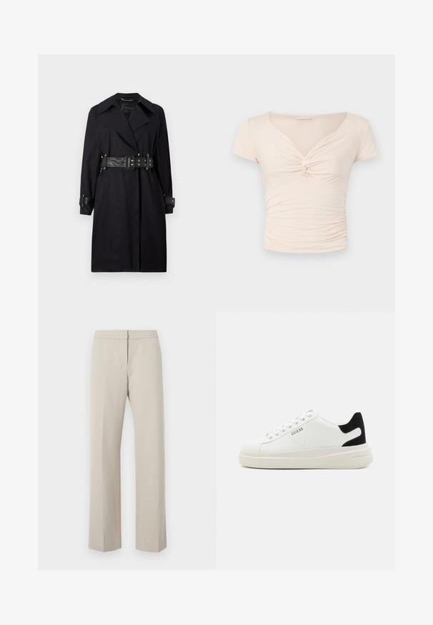 Czarny płaszcz trench z paskiem w talji, szerokim kołnierzem i zapięciem na guziki przy mankietach. Wykonany z gładkiego materiału w minimalistycznym stylu, bez wzorów.; Jasnobeżowa bluzka z krótkim rękawem z dekoltem w kształcie litery V i skręconym detalem z przodu, z marszczonym wykończeniem po bokach dla dopasowanego fasonu.; Beżowe spodnie o prostych nogawkach z płaskim przodem, bez widocznych elementów metalowych czy wzorów. Wykonane z gładkiego materiału, charakteryzujące się minimalistycznym krojem.; Białe skórzane sneakersy z grubą białą podeszwą, czarnym zamszowym akcentem na pięcie oraz wytłoczonym logotypem z boku. Projekt z sznurówkami i sześcioma dziurkami.