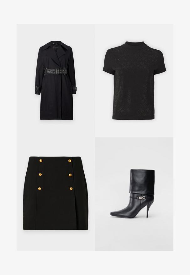 Mustat trench coat belted talje, laia krae ja nööpidega mansetid. Valmistatud siledast materjalist, minimalistliku disainiga ja ilma mustriteta.; Must ikka lühikeste varrukatega topp, millel on kõrge kaelus ja tekstuuridega muster, kus on diamanthädasid. Pehme materjal sileda viimistluse ja kerge sädelusega.; Must mustrilt, millel on täpselt vormitud disain, esipaneel nelja kuldne nupuga ja külje voldiga detailiga. Valmistatud siledast kangast.; Mustad nahast pahkluu saapad terava nina, kõrge stilettokanna, volditud äärega ja kuldse dekoratiivse pandlaga pahkluul.