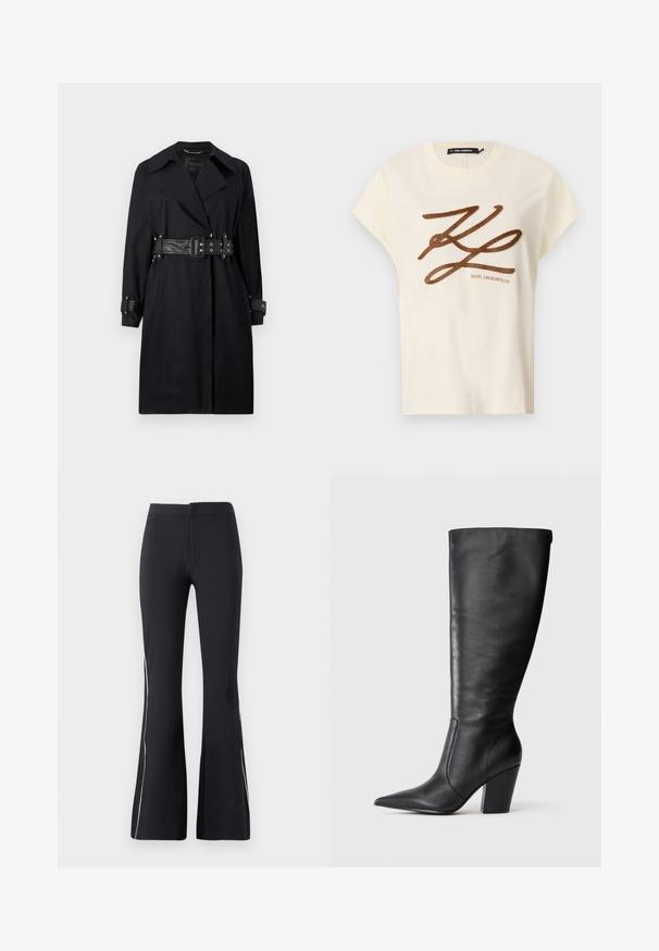 Zwarte trenchcoat met een ceintuurbundel, brede kraag en knoopmanchetten. Gemaakt van een gladde stof met een minimalistisch ontwerp en zonder patronen.; Crème-kleurige katoenen t-shirt met korte mouwen, met een bruin geborduurd logo en scriptontwerp op de voorkant.; Zwarte flared broeken gemaakt van rekbaar materiaal. Heeft een gladde textuur en contrasterende witte zijpijpen. Eenvoudig ontwerp met een elastische tailleband.; Zwarte leren kniehoge laars met puntige neus en chunky hoge hak, getoond in zijaanzicht aan de linkerkant op een witte achtergrond.