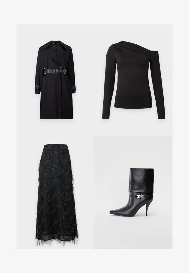 Black trench coat with a belted waist, wide collar, and buttoned cuffs. Made from a smooth fabric with a minimalist design and no patterns.; Black long-sleeve top with an asymmetrical neckline, featuring one shoulder exposed and gentle draping across the chest.; Black midi skirt featuring layered fringe and wave patterns. Made from sheer material with sparkly accents along the edges.; Black leather ankle boot with a pointed toe, high stiletto heel, fold-over cuff, and a gold decorative buckle detail on the ankle.