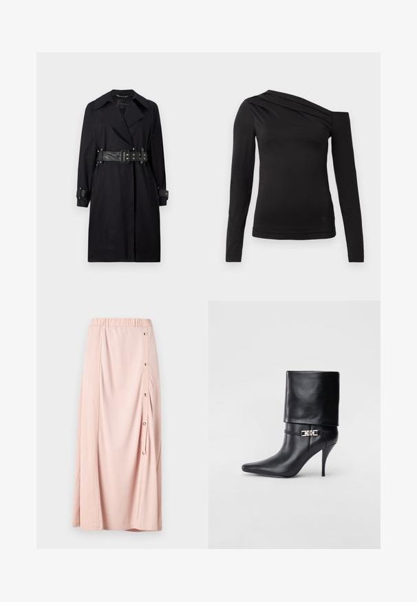 Casaco trench preto com cintura cinto, colarinho largo e punhos com botões. Feito de um tecido suave com um design minimalista e sem padrões.; Camisa preta de mangas longas com um decote assimétrico, apresentando um ombro exposto e um drapeado suave pelo peito.; Saia maxi rosa com cintura elástica, apresentando uma abertura lateral com botões e um tecido suave e macio. Design leve e fluido.; Bota de tornozelo em couro preto com bico fino, alto salto stiletto, punho dobrado e detalhe decorativo em fivela dourada no tornozelo.