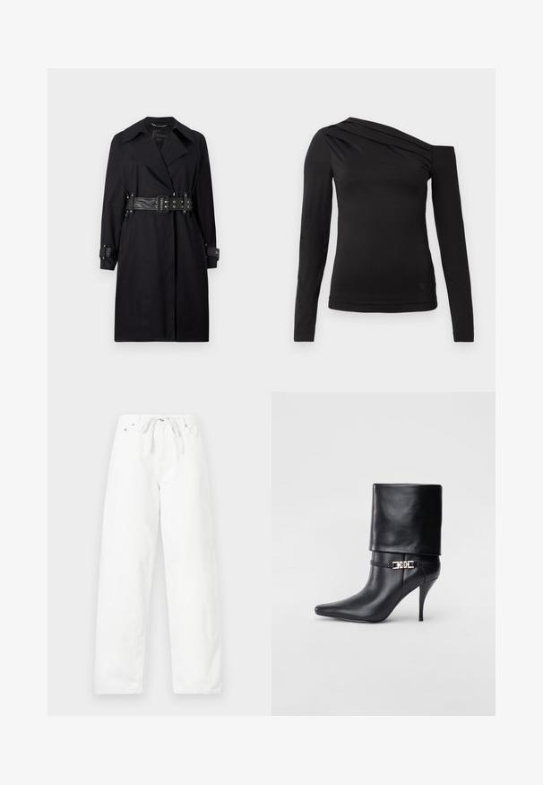 Black trench coat with a belted waist, wide collar, and buttoned cuffs. Made from a smooth fabric with a minimalist design and no patterns.; Black long-sleeve top with an asymmetrical neckline, featuring one shoulder exposed and gentle draping across the chest.; White, wide-leg pants made of denim, featuring a drawstring waist and two front pockets, with a smooth texture and clean design.; Black leather ankle boot with a pointed toe, high stiletto heel, fold-over cuff, and a gold decorative buckle detail on the ankle.