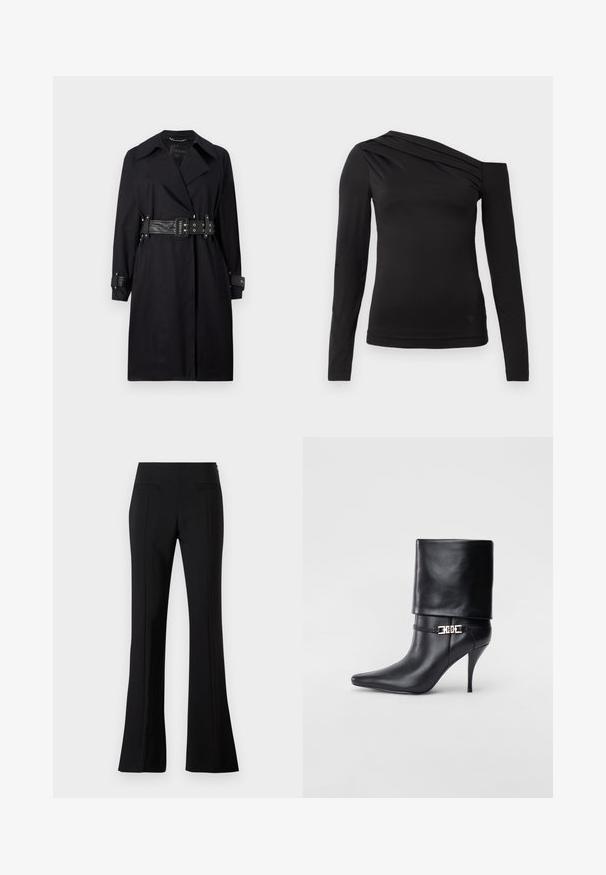 Manteau noir en trench avec une taille cintrée, un large col et des poignets à boutons. Fait d'un tissu lisse avec un design minimaliste et sans motifs.; Haut noir à manches longues avec un décolleté asymétrique, mettant en valeur une épaule dénudée et un drapé délicat sur la poitrine.; Pantalons évasés noirs en tissu lisse avec une taille haute, dotés de deux poches arrière et d'un pli sur le devant de chaque jambe.; Bottine en cuir noir avec un bout pointu, un haut talon aiguille, un revers, et un détail décoratif en boucle dorée au niveau de la cheville.