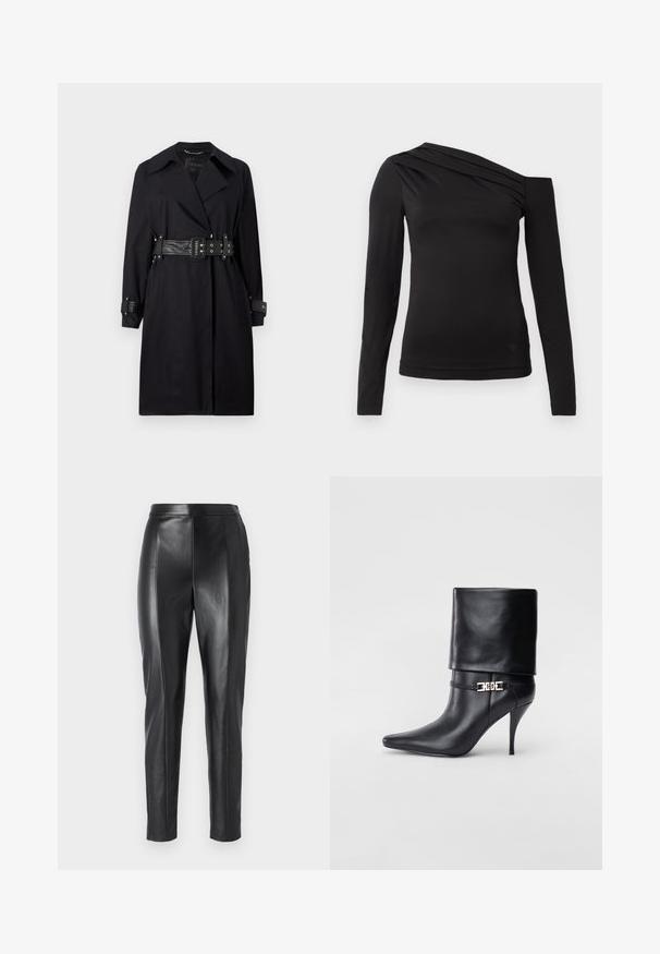 Black trench coat with a belted waist, wide collar, and buttoned cuffs. Made from a smooth fabric with a minimalist design and no patterns.; Black long-sleeve top with an asymmetrical neckline, featuring one shoulder exposed and gentle draping across the chest.; Black leather pants with a fitted design and smooth texture. Features structured seams along the sides and a waistband for a tailored fit.; Black leather ankle boot with a pointed toe, high stiletto heel, fold-over cuff, and a gold decorative buckle detail on the ankle.