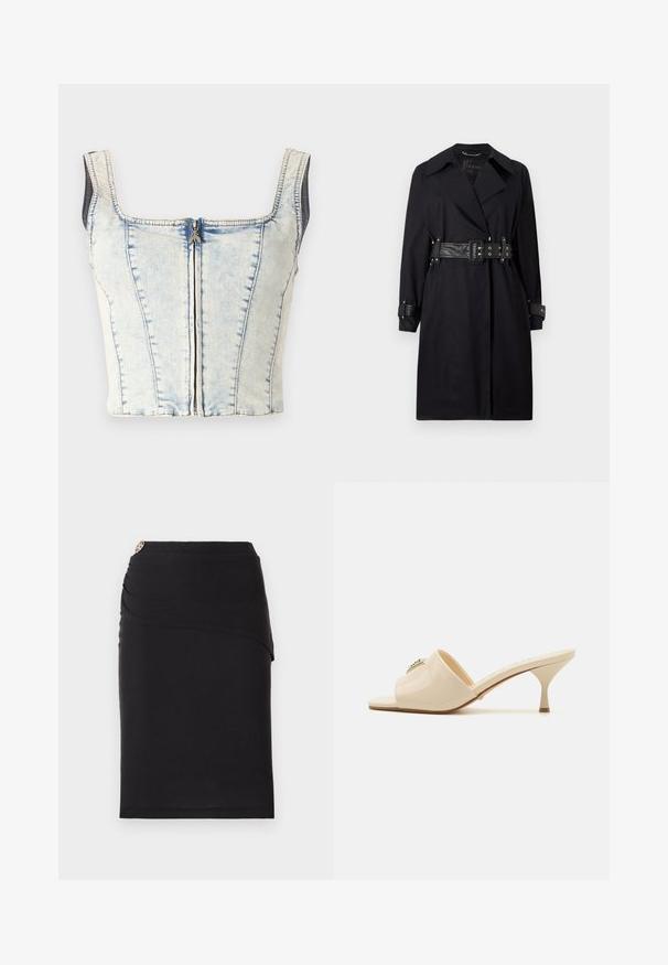 Črni plašč z pasom, širokim ovratnikom in gumba na zapestjih. Narejen iz gladke tkanine z minimalnim dizajnom in brez vzorcev.; Denim kratka majica s kvadratnim izrezom, svetlo modra pranje, odkrito sprednje zadrgo in široke naramnice. Opremljena z vertikalnimi šivi po celotni dolžini.; Črna svinčnik krila z drapiranim sprednjim dizajnom, ki vsebuje dekorativni kovinski naglas na pasu. Narejeno iz raztegljivega materiala.; Bež sandal z odprtim prstom iz lakirane usnjene površine z nizko stiletto peto. Ima osrednji dekorativni akcent na zgornjem delu. Gladka, sijajna površina.