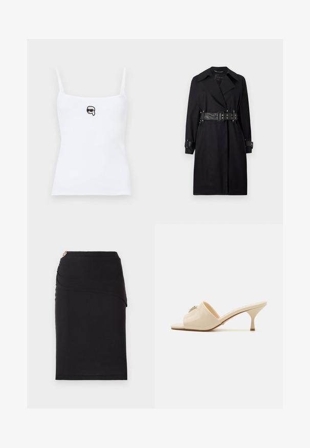 Mustat trench coat belted talje, laia krae ja nööpidega mansetid. Valmistatud siledast materjalist, minimalistliku disainiga ja ilma mustriteta.; Valge ribaga büstik, millel on õhukesed rihmad, esiküljel musta karikatuurikujutisega nägu, millel on prillid, ning pehme kangast tekstuur.; Must värvi pliiatsiseelik, millel on drapeeritud esiosakujundus ja dekoratiivne metallikaktsent vööl. Valmistatud venivast kangast.; Bež patentnahast avatud varvastega mule sandaalid madala stiletto kontsaga. Ülaservas on keskne dekoratiivne aksessuaar. Silky ja läikiv viimistlus.