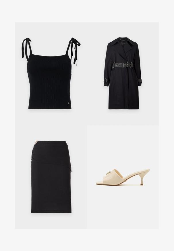 Mustat trench coat belted talje, laia krae ja nööpidega mansetid. Valmistatud siledast materjalist, minimalistliku disainiga ja ilma mustriteta.; Must valge ribaga lühike topp reguleeritavate sidumisrihmadega. Sile tekstuur, tihe lõige ja diskreetne logo detail all paremal.; Must värvi pliiatsiseelik, millel on drapeeritud esiosakujundus ja dekoratiivne metallikaktsent vööl. Valmistatud venivast kangast.; Bež patentnahast avatud varvastega mule sandaalid madala stiletto kontsaga. Ülaservas on keskne dekoratiivne aksessuaar. Silky ja läikiv viimistlus.