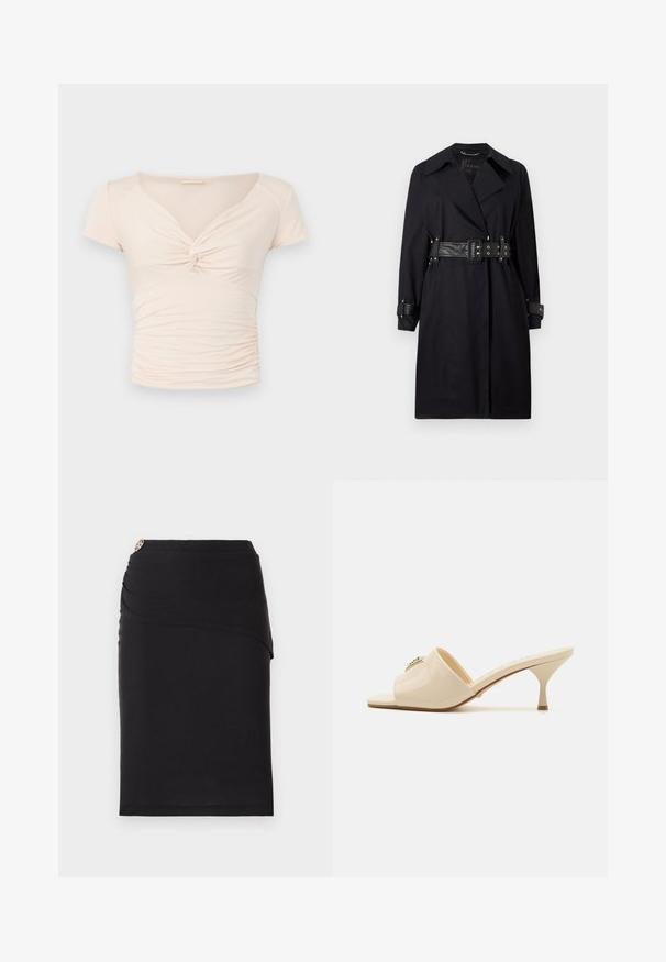 Černý trenčkot s opaskem v pase, širokým límcem a knoflíkovými manžetami. Vyrobený z hladkého materiálu s minimalistickým designem a bez vzorů.; Světle béžový top s krátkým rukávem a výstřihem do V, s twist detailem na přední straně, který má na bocích nařasenou strukturu pro přiléhavý design.; Černá tužková sukně s asymetrickým designem vpředu, zdobená kovovým akcentem v pase. Vyrobena z elastického materiálu.; Krémové lakované kožené sandály typu mule s otvorenou špičkou a nízkým stiletto podpatkem. Obsahují centrální dekorativní prvek na svršku. Hladký, lesklý povrch.