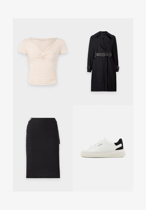 Casaco trench preto com cintura cinto, colarinho largo e punhos com botões. Feito de um tecido suave com um design minimalista e sem padrões.; Top curto de manga curta em bege claro com decote em V e detalhe torcido na frente, apresentando textura franzida nas laterais para um design ajustado.; Saia lápis preta com um design de frente drapeado, apresentando um detalhe metálico decorativo na cintura. Feita de um tecido elástico.; Sapatilhas brancas de couro com uma sola branca espessa, detalhe em camurça preta no calcanhar e logótipo em relevo na lateral. Design com atacadores e seis ilhós.