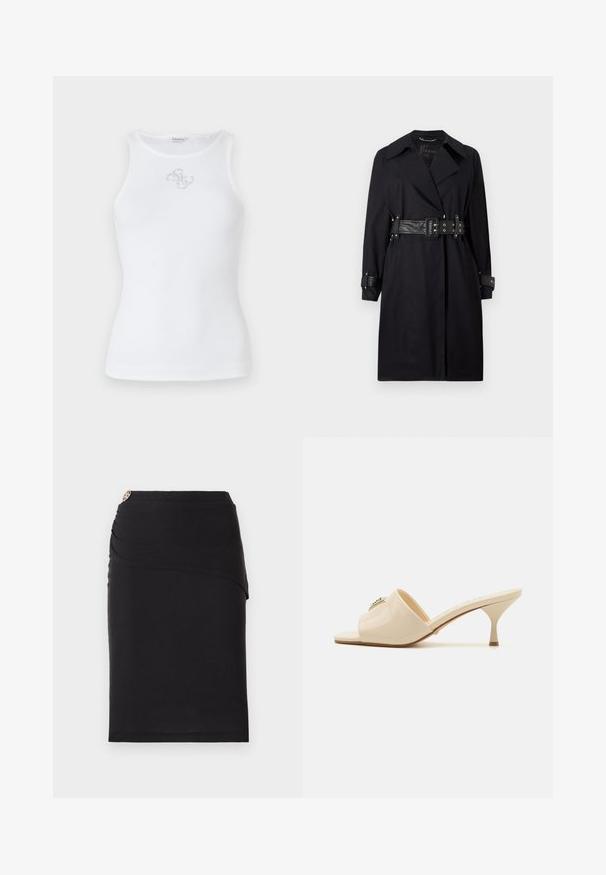 Melna trenču mēteļa ar jostu viduklī, plašu apkakli un pogām pie piedurknēm. Izgatavots no gludas auduma ar minimālistisku dizainu bez rakstiem.; Balta ribota bezmaku veste ar apaļu kakla izgriezumu un bez piedurknēm. Iekļauta maza sudraba logo izšuvums uz krūtīm.; Melnā zīmuļu svārku ar drapētu priekšpusi, kas rotāta ar dekoratīvu metālu akcentu jostasvietā. Izgatavots no elastīga auduma.; Bežs patentēta ādas atvērtā pirksta mūlisandaļa ar zemu stiletto papēdi. Uz augšdaļas ir centrāla dekoratīva akcenta iezīme. Gluda, spīdīga apdare.
