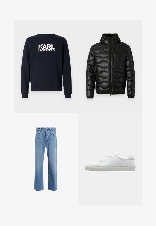 Fekete puffdzseki fényes textúrával, kapucnival, cipzáras záródással és hullámmintával. Két mellzsebet tartalmaz és kontrasztos sárga részletekkel rendelkezik.; Tengerészkék pulóver hosszú ujjakkal és kerek nyakkivágással, fehér "KARL LAGERFELD" logóval a mellrészen. Puha szövettextúra.; Világoskék farmernadrág, egyenes szárú fazonnal, öt zsebbel, gombos záródással, minimális kopással és kontrasztos varrással.; Fehér sportcipő sima bőr felső résszel és alacsony profilsal. Kerek orr, hat fűzőlyuk és barázdált gumitalp jellemzi.