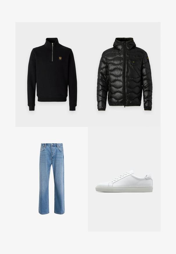 Černá prošívaná bunda s lesklou texturou, kapucí, zipovým zapínáním a vlnitým vzorem. Obsahuje náprsní kapsu a kontrastní žluté akcenty.; Černá mikina na zip vyrobená z bavlněné směsi, s vysokým límcem, žebrovanými manžetami a zlatou nášivkou loga na hrudi.; Světle modré džínové kalhoty s rovnými nohavicemi, pěti kapsami, zapínáním na knoflík, minimálním vyblednutím a kontrastním prošitím.; Bílé tenisky s hladkým koženým svrškem a nízkým profilem. Mají zaoblenou špičku, šest nýtů a texturovanou gumovou podrážku.