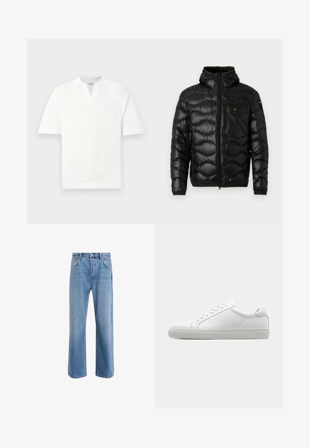 Fekete puffdzseki fényes textúrával, kapucnival, cipzáras záródással és hullámmintával. Két mellzsebet tartalmaz és kontrasztos sárga részletekkel rendelkezik.; Fehér, rövid ujjú pulóvering, textúrált kötésmintával és V-nyakkivágással, laza szabással, látható logók vagy minták nélkül.; Világoskék farmernadrág, egyenes szárú fazonnal, öt zsebbel, gombos záródással, minimális kopással és kontrasztos varrással.; Fehér sportcipő sima bőr felső résszel és alacsony profilsal. Kerek orr, hat fűzőlyuk és barázdált gumitalp jellemzi.