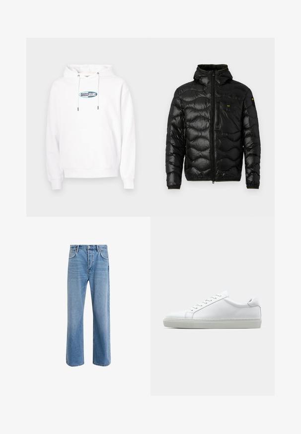 Čierna páperová bunda s lesklou textúrou, kapucňou, zipsovým zapínaním a vlnkovým vzorom. Obsahuje vrecko na hrudi a kontrastné žlté akcenty.; Biela mikina s klokaním vreckom vpredu a modro-zeleným oválnym logom "GUESS JEANS" uprostred na hrudi, s kapucňou na šnúrky.; Svetlo modré denimové džínsy so strihom rovného nohu, päť vreciek, zapínanie na gombík, minimálne vyblednutie a kontrastné švy.; Biele tenisky s hladkým koženým zvrškom a nízkym profilom. Majú zaoblenú špičku, šesť očiek a štruktúrovanú gumovú podrážku.