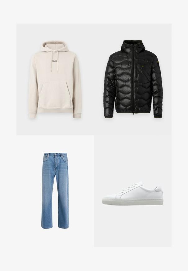 Jachetă puffer neagră cu o textură lucioasă, glugă, închidere cu fermoar și model în valuri. Dispune de un buzunar pe piept și accente galbene contrastante.; Hanorac bej din material moale, cu un buzunar tip kangaroo, glugă cu șnur și un mic logo text negru pe piept.; Jeans din denim bleu deschis cu un design drept, cinci buzunare, închidere cu buton, decolorare minimă și detalii de cusătură în contrast.; Adidași albi cu o suprafață din piele netedă și un profil jos. Au un vârf rotunjit, șase orificii pentru șireturi și o talpă din cauciuc texturată.