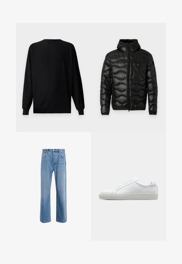Črna puhovka z sijočo teksturo, kapuco, zadrgo in valovnim vzorcem. Ima žep na prsih in kontrastne rumene detajle.; Črna kapuca z dolgimi rokavi, krožnim izrezom in rebrastimi manšetami. Ima subtilno izboklino logotipa na levem prsnem delu.; Svetlo modre denim kavbojke s ravno nogavico, petimi žepi, z gumbom za zapiranje, minimalnim zbledelostjo in kontrastnimi šivi.; Bela športna obutev z gladkim usnjenim zgornjim delom in nizkim profilom. Ima zaokrožen nos, šest lukenj za vezalke in teksturiran gumijast podplat.
