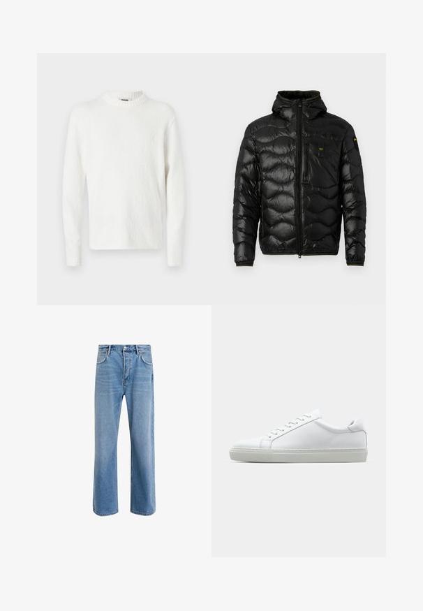 Svart pufferjacka med en glänsande yta, huva, dragkedjeslutning och vågmönster. Har en bröstficka och kontrasterande gula detaljer.; Vit långärmad tröja med en mjuk, texturerad yta och en ribbad rund halslinning. Enkelt design, inga synliga mönster eller detaljer.; Ljust blå denimjeans med rak passform, fem fickor, knappstängning, minimal blekning och kontrasterande sömdetaljer.; Vit sneaker med en slät läderövre och låg profil. Har en rundad tå, sex snörhål och en strukturerad gummisula.