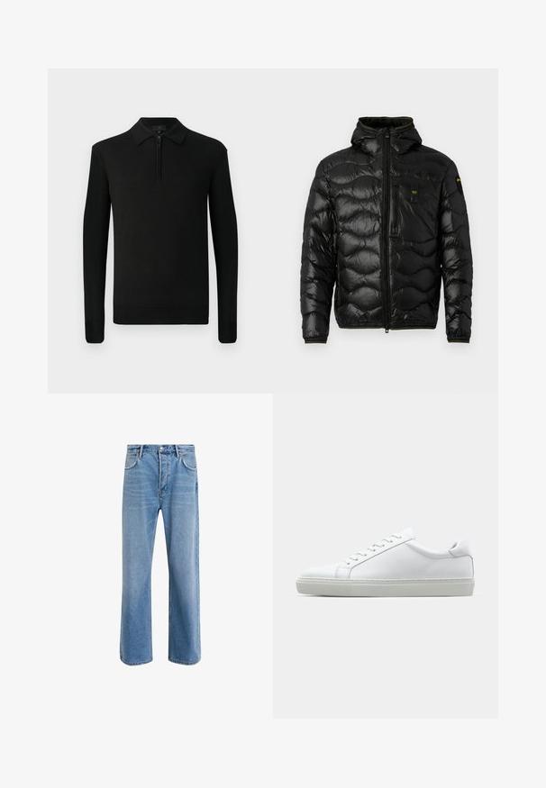 Svart pufferjacka med en glänsande yta, huva, dragkedjeslutning och vågmönster. Har en bröstficka och kontrasterande gula detaljer.; Svart långärmad tröja med dragkedja i kragen, tillverkad av slät stickad tyg. Har ribbade manschetter och fåll. Enkel och figurnära design.; Ljust blå denimjeans med rak passform, fem fickor, knappstängning, minimal blekning och kontrasterande sömdetaljer.; Vit sneaker med en slät läderövre och låg profil. Har en rundad tå, sex snörhål och en strukturerad gummisula.