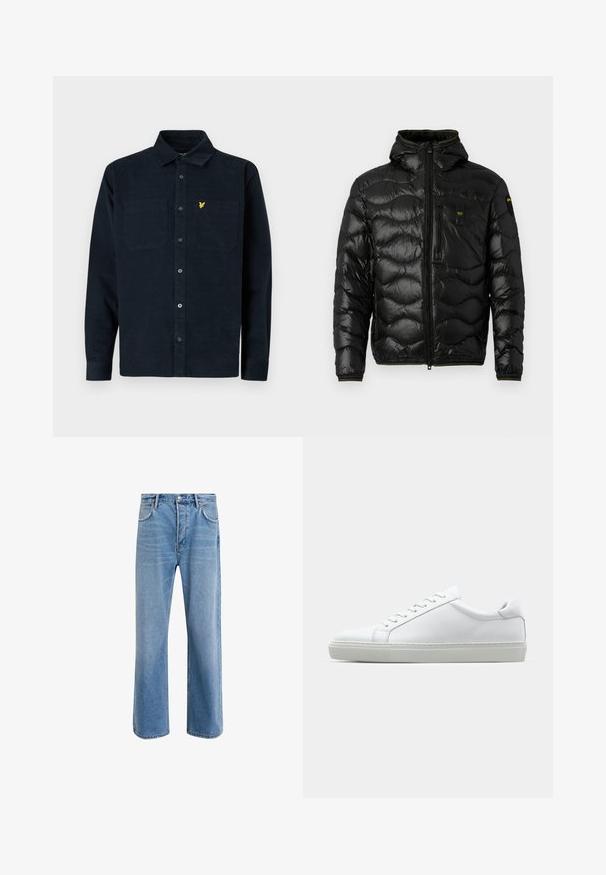 Jachetă puffer neagră cu o textură lucioasă, glugă, închidere cu fermoar și model în valuri. Dispune de un buzunar pe piept și accente galbene contrastante.; Cămașă din catifea de culoare albastru închis, cu design cu butoane, două buzunare pe piept și un mic logo galben pe buzunarul din stânga.; Jeans din denim bleu deschis cu un design drept, cinci buzunare, închidere cu buton, decolorare minimă și detalii de cusătură în contrast.; Adidași albi cu o suprafață din piele netedă și un profil jos. Au un vârf rotunjit, șase orificii pentru șireturi și o talpă din cauciuc texturată.