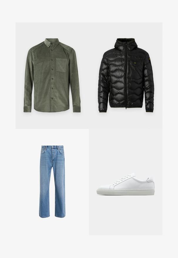 Černá prošívaná bunda s lesklou texturou, kapucí, zipovým zapínáním a vlnitým vzorem. Obsahuje náprsní kapsu a kontrastní žluté akcenty.; Pánská dlouhá košile s knoflíky v barvě olivové zelené, vyrobená z kordu, s kapsou na hrudi a límcem na knoflíky, vystavená na bílé pozadí.; Světle modré džínové kalhoty s rovnými nohavicemi, pěti kapsami, zapínáním na knoflík, minimálním vyblednutím a kontrastním prošitím.; Bílé tenisky s hladkým koženým svrškem a nízkým profilem. Mají zaoblenou špičku, šest nýtů a texturovanou gumovou podrážku.