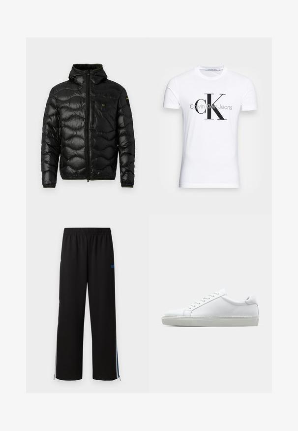 Jachetă puffer neagră cu o textură lucioasă, glugă, închidere cu fermoar și model în valuri. Dispune de un buzunar pe piept și accente galbene contrastante.; Tricou alb din bumbac, cu un logo negru "CK" și textul "Calvin Klein Jeans", cu mâneci scurte și un guler clasic rotund.; Pantaloni sport negri cu un talie elastică, fermoare laterale și accente albastre pe cusăturile exterioare. Material neted cu design drept.; Adidași albi cu o suprafață din piele netedă și un profil jos. Au un vârf rotunjit, șase orificii pentru șireturi și o talpă din cauciuc texturată.