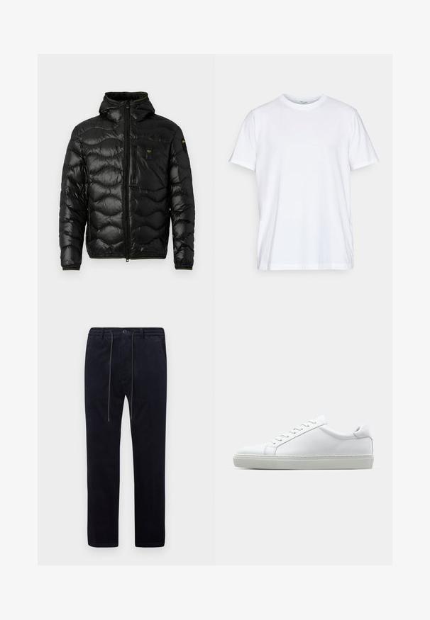 Črna puhovka z sijočo teksturo, kapuco, zadrgo in valovnim vzorcem. Ima žep na prsih in kontrastne rumene detajle.; Bela bombažna majica s kratkimi rokavi, okroglo ovratnico in sproščenim krojem. Ima minimalističen dizajn, brez vzorcev ali dodatkov.; Mornarski kordurojski hlače z teksturirano površino, ravnimi nogavicami, elastičnim pasom, vezalko in sprednjimi žepi.; Bela športna obutev z gladkim usnjenim zgornjim delom in nizkim profilom. Ima zaokrožen nos, šest lukenj za vezalke in teksturiran gumijast podplat.