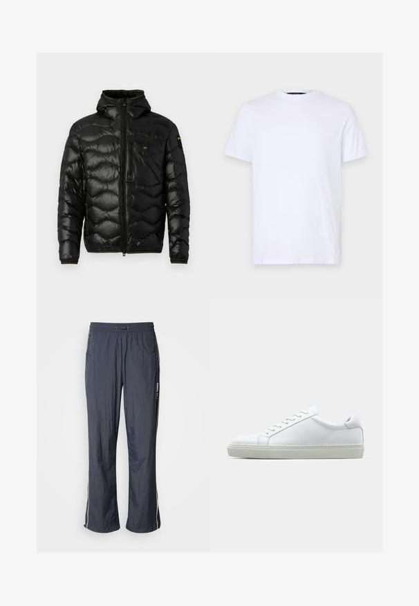 Czarna kurtka puchowa o błyszczącej teksturze, z kapturem, zamkiem błyskawicznym i wzorem fal. Posiada kieszeń na piersi oraz kontrastowe żółte akcenty.; Biała bawełniana koszulka z krótkimi rękawami i okrągłym dekoltem, z subtelnym wypukłym logo na lewej piersi, gładka w dotyku.; Granatowe, lekkie spodnie dresowe z elastyczną talią, bocznymi kieszeniami i białymi paskami akcentującymi po bokach. Gładka tekstura.; Białe sneakersy z gładką skórzaną cholewką i niskim profilem. Posiadają okrągły nos, sześć dziurek na sznurówki oraz teksturowaną gumową podeszwę.