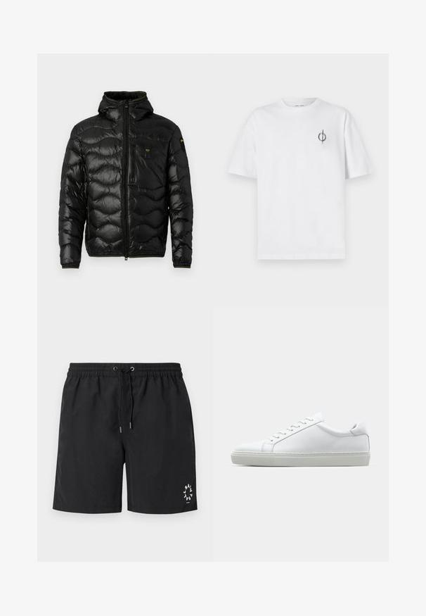 Black puffer jacket with a shiny texture, hood, zip closure, and wave pattern. Features a chest pocket and contrasting yellow accents.; White cotton t-shirt with a relaxed fit, featuring a small black graphic logo on the left chest area. Short sleeves, crew neck style.; Black swim shorts made of lightweight fabric. Elastic waistband with drawstring and silver-tipped ends. Logo printed in white on the bottom left.; White sneaker with a smooth leather upper and a low profile. Features a rounded toe, six eyelets, and a textured rubber sole.