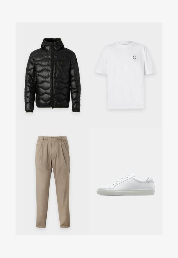 Chaqueta acolchada negra con una textura brillante, capucha, cierre de cremallera y patrón en forma de ola. Presenta un bolsillo en el pecho y acentos en amarillo contrastante.; Camiseta de algodón blanca con un corte relajado, con un pequeño logotipo gráfico negro en el área del pecho izquierdo. Mangas cortas, estilo cuello redondo.; Pantalones beige de tejido suave, con un ajuste relajado, frente con pliegues, cinturilla elástica y perneras estrechas.; Zapatilla blanca con parte superior de cuero liso y perfil bajo. Presenta una puntera redondeada, seis ojales y una suela de goma texturizada.