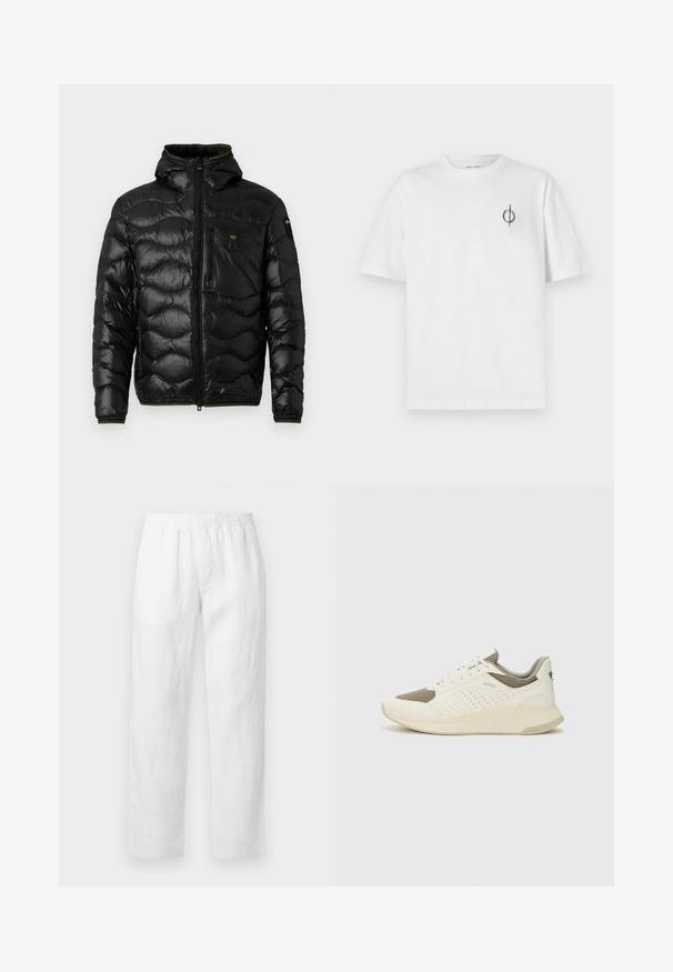 Black puffer jacket with a shiny texture, hood, zip closure, and wave pattern. Features a chest pocket and contrasting yellow accents.; White cotton t-shirt with a relaxed fit, featuring a small black graphic logo on the left chest area. Short sleeves, crew neck style.; White linen pants featuring an elastic waistband, straight-leg fit, and soft texture with no visible patterns or hardware details.; White and light beige athletic sneaker, featuring a mesh upper, perforated detailing, and a textured midsole with branding on the heel.