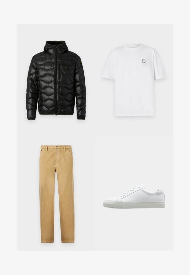 Melnā pūkainā jakas ar spīdīgu faktūru, kapuci, rāvējslēdzēja aizdari un viļņu rakstu. Detaļās ir krūšu kabata un kontrastējošas dzeltenas akcenti.; Bāla kokvilnas t-kreklu ar brīvu piegulšanu, kuram uz kreisā krūšu apvidus ir neliels melns grafiskais logotips. Īsas piedurknes, apaļas kakla izgriezums.; Gaiši brūni chinos bikses ar taisnu kāju dizainu, izgatavotas no mīksta auduma. Iekļauj priekšējos kabatas, pogu aizdari un smalkus diegu detaļas.; Baltie sporta apavi ar gludu ādas virsu un zemu profilu. Iezīmējas ar noapaļotu purngalu, sešām acīm un teksturētu gumijas zoli.