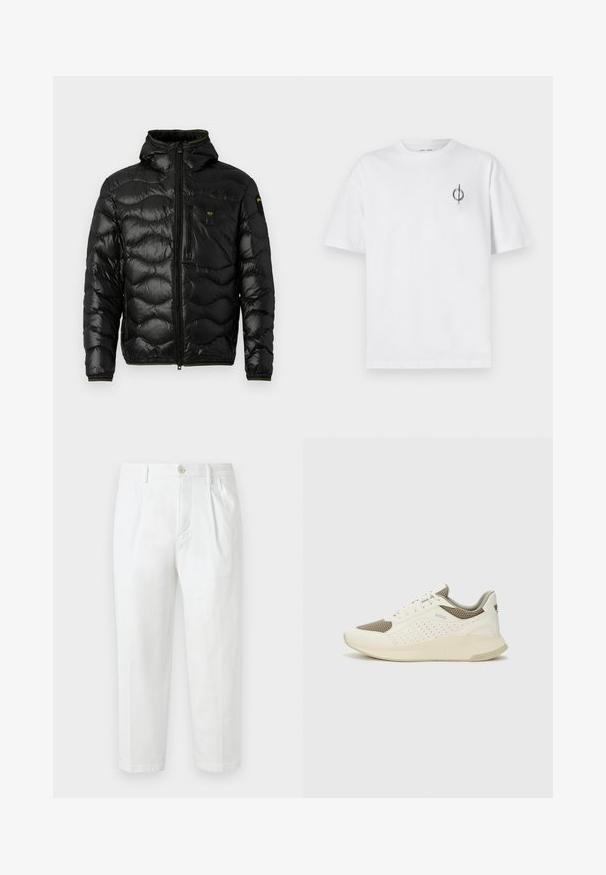 Schwarze Pufferjacke mit glänzender Textur, Kapuze, Reißverschluss und Wellenmuster. Verfügt über eine Brusttasche und kontrastierende gelbe Akzente.; Weißes Baumwoll-T-Shirt mit lockerer Passform, das ein kleines schwarzes Grafiklogo auf der linken Brustseite aufweist. Kurze Ärmel, Rundhalsausschnitt.; Weiße Baumwollhose mit geradem Schnitt, Knopfverschluss, gefaltetem Vorderteil und umgeschlagenen Säumen. Glatte Textur ohne sichtbare Muster.; Weiße und hellbeige Sport Sneakers, ausgestattet mit einem Obermaterial aus Netzgewebe, perforierten Details und einer strukturierten Zwischensohle mit Branding an der Ferse.