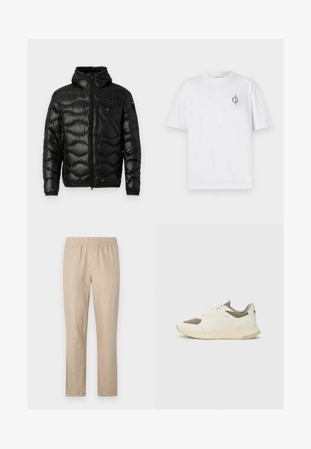 Veste matelassée noire avec une texture brillante, capuche, fermeture éclair et motif en vagues. Comprend une poche sur la poitrine et des accents jaunes contrastants.; T-shirt en coton blanc avec une coupe décontractée, présentant un petit logo graphique noir sur le côté gauche de la poitrine. Manches courtes, col rond.; Pantalons en lin beige avec une taille élastique, design à jambes droites et coutures minimales pour une texture lisse et une sensation légère.; Basket de sport blanche et beige clair, avec une tige en maille, des détails perforés et une semelle intermédiaire texturée avec un logo sur le talon.