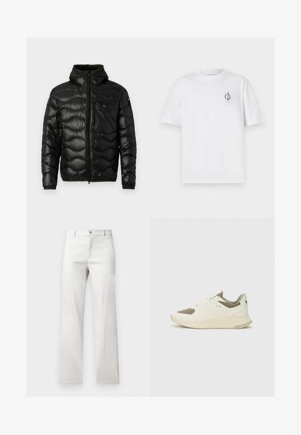 Črna puhovka z sijočo teksturo, kapuco, zadrgo in valovnim vzorcem. Ima žep na prsih in kontrastne rumene detajle.; Bela bombažna majica s sproščenim krojem, ki ima majhen črn grafični logotip na levem prsnem delu. Kratke rokave, okrogel izrez.; Svetlo sivi hlače s ravnim krojem, narejene iz gladkega blaga, z sprednjim gumbom za zapiranje in stranskima žepoma.; Beli in svetlo bež športni copat, s mrežastim zgornjim delom, perforiranimi detajli in teksturirano srednjim delom z blagovno znamko na peti.