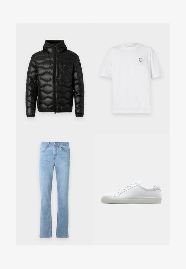 Czarna kurtka puchowa o błyszczącej teksturze, z kapturem, zamkiem błyskawicznym i wzorem fal. Posiada kieszeń na piersi oraz kontrastowe żółte akcenty.; Biała bawełniana koszulka o luźnym kroju, z małym czarnym graficznym logo na lewej piersi. Krótkie rękawy, klasyczny okrągły dekolt.; Jasnoniebieskie dżinsy o prostych nogawkach, wykonane z denimu bawełnianego. Posiadają pięć kieszeni, zapięcie na guziki z przodu oraz subtelne detale przeszyć.; Białe sneakersy z gładką skórzaną cholewką i niskim profilem. Posiadają okrągły nos, sześć dziurek na sznurówki oraz teksturowaną gumową podeszwę.