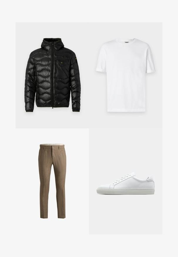 Black puffer jacket with a shiny texture, hood, zip closure, and wave pattern. Features a chest pocket and contrasting yellow accents.; White cotton t-shirt with a crew neck, short sleeves, and rolled cuffs; unadorned design, soft texture, and straight cut.; Brown linen trousers with a textured finish. Features a classic cut, side pockets, and a discreet front closure detail.; White sneaker with a smooth leather upper and a low profile. Features a rounded toe, six eyelets, and a textured rubber sole.