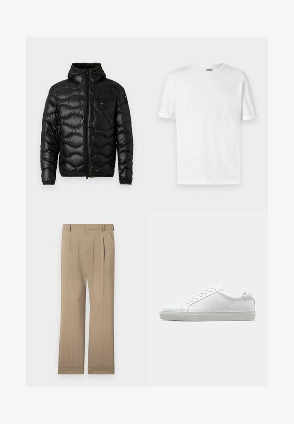 Črna puhovka z sijočo teksturo, kapuco, zadrgo in valovnim vzorcem. Ima žep na prsih in kontrastne rumene detajle.; Bela bombažna majica s kratkimi rokavi, ovratnikom v krogu in zavitimi manšeti; brez okrasnih elementov, mehak pridih in ravna kroja.; Bež hlače iz lahkega materiala, s straight-leg krojem, dvojnimi gubami in zavihanimi manšetami za sproščen fit.; Bela športna obutev z gladkim usnjenim zgornjim delom in nizkim profilom. Ima zaokrožen nos, šest lukenj za vezalke in teksturiran gumijast podplat.