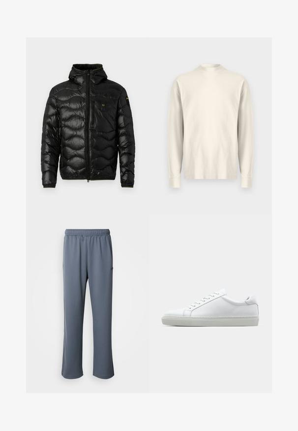 Jachetă puffer neagră cu o textură lucioasă, glugă, închidere cu fermoar și model în valuri. Dispune de un buzunar pe piept și accente galbene contrastante.; Cămașă cu mâneci lungi și guler înalt din bumbac crem deschis. Textură netedă, croială lejeră, design minimalist, fără modele sau accente vizibile.; Pantaloni de trening gri cu un brâu elastic, buzunare laterale și o croială relaxată. Realizați dintr-un material moale cu o textură netedă și fără modele vizibile.; Adidași albi cu o suprafață din piele netedă și un profil jos. Au un vârf rotunjit, șase orificii pentru șireturi și o talpă din cauciuc texturată.