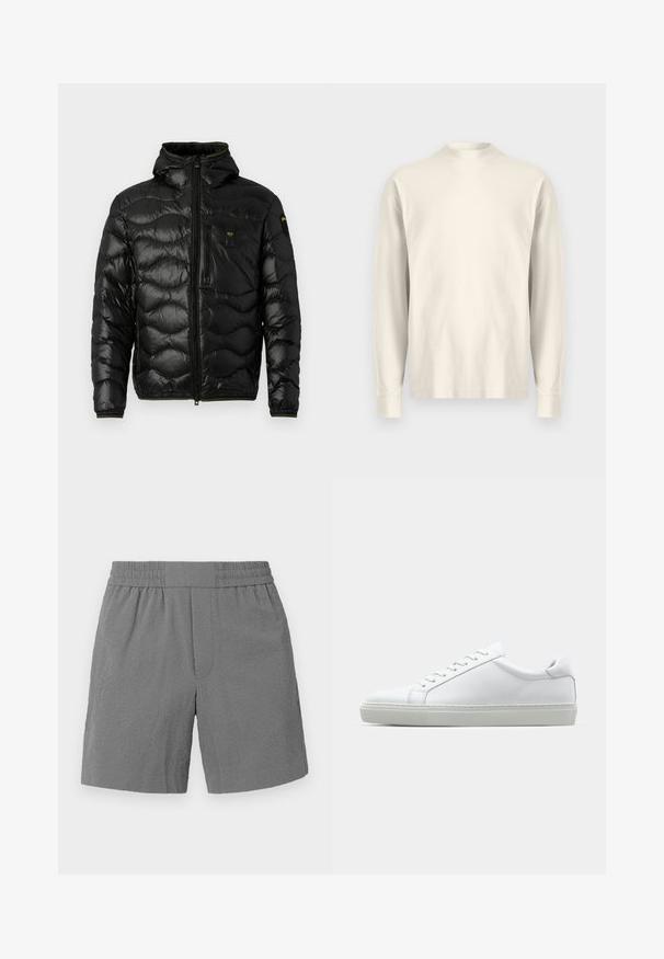 Veste matelassée noire avec une texture brillante, capuche, fermeture éclair et motif en vagues. Comprend une poche sur la poitrine et des accents jaunes contrastants.; T-shirt à manches longues et col montant en coton crème clair. Texture lisse, coupe décontractée, design minimaliste, sans motifs ni accents visibles.; Shorts gris avec une taille élastique, en tissu texturé et à coupe droite. Dispose de deux poches latérales et d'un motif subtil.; Sneaker blanche avec une tige en cuir lisse et un profil bas. Présente un bout arrondi, six œillets et une semelle en caoutchouc texturé.