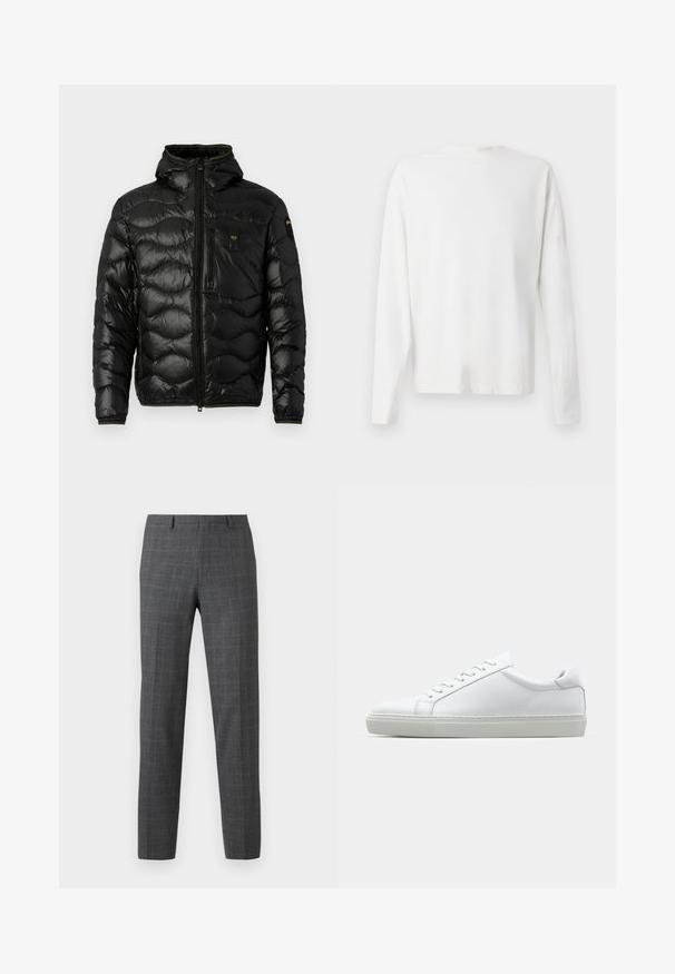 Chaqueta acolchada negra con una textura brillante, capucha, cierre de cremallera y patrón en forma de ola. Presenta un bolsillo en el pecho y acentos en amarillo contrastante.; Camisa de algodón blanca de manga larga con cuello redondo, aberturas laterales en la parte inferior y una textura suave, exhibida desde la parte de atrás.; Pantalones de cuadros grises con un corte ajustado, que presentan una textura suave, piernas rectas y detalles de costura sutiles.; Zapatilla blanca con parte superior de cuero liso y perfil bajo. Presenta una puntera redondeada, seis ojales y una suela de goma texturizada.