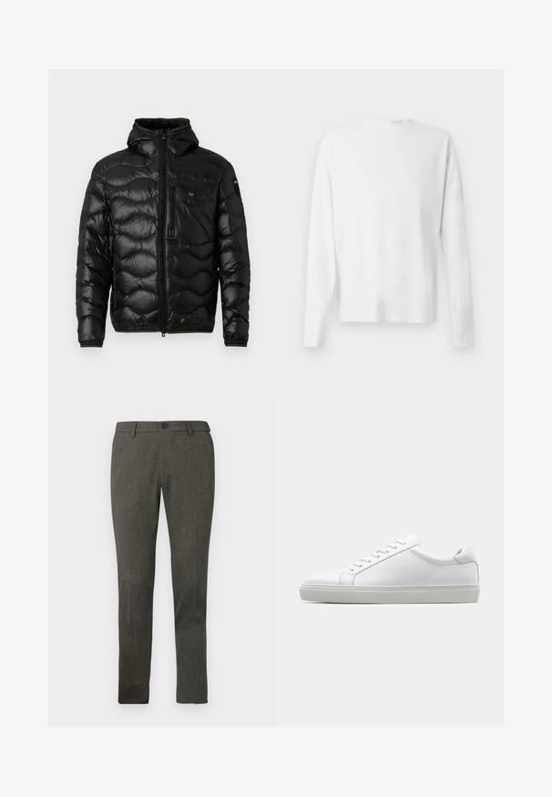 Zwarte pufferjack met een glanzende textuur, capuchon, ritsluiting en golvenpatroon. Voorzien van een borstzak en contrasterende gele accenten.; Witte katoenen blouse met lange mouwen en een ronde halslijn, met zijsplitten aan de onderkant en een gladde textuur, vanuit de achterkant weergegeven.; Slim-fit heren in donkergrijze pantalon met riemlussen, knoopsluiting aan de voorkant en subtiele textuur in de stof.; Witte sneaker met een gladlederen bovenwerk en een laag profiel. Voorzien van een ronde neus, zes vetergaatjes en een gestructureerde rubberen zool.