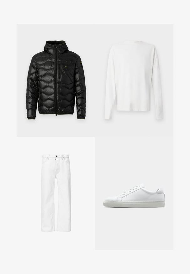 Zwarte pufferjack met een glanzende textuur, capuchon, ritsluiting en golvenpatroon. Voorzien van een borstzak en contrasterende gele accenten.; Witte katoenen blouse met lange mouwen en een ronde halslijn, met zijsplitten aan de onderkant en een gladde textuur, vanuit de achterkant weergegeven.; Witte denim jeans met een rechte pasvorm, standaard vijf-pocket ontwerp en metalen knoopsluiting in de taille, met ton-sur-ton stiksel.; Witte sneaker met een gladlederen bovenwerk en een laag profiel. Voorzien van een ronde neus, zes vetergaatjes en een gestructureerde rubberen zool.