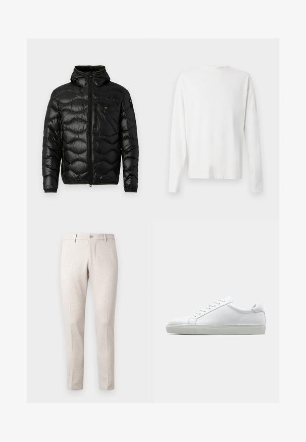 Melnā pūkainā jakas ar spīdīgu faktūru, kapuci, rāvējslēdzēja aizdari un viļņu rakstu. Detaļās ir krūšu kabata un kontrastējošas dzeltenas akcenti.; Garums piedurkņu baltā kokvilnas krekls ar apaļu dekoltē, sānu šķēlumiem apakšā un gludu tekstūru, redzams no aizmugures.; Gai beigu bikses, izgatavotas no mīksta auduma, ar pogu aizdari, divām priekšējām kroku līnijām un taisnu kāju dizainu.; Baltie sporta apavi ar gludu ādas virsu un zemu profilu. Iezīmējas ar noapaļotu purngalu, sešām acīm un teksturētu gumijas zoli.