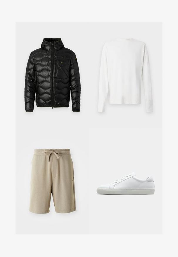 Čierna páperová bunda s lesklou textúrou, kapucňou, zipsovým zapínaním a vlnkovým vzorom. Obsahuje vrecko na hrudi a kontrastné žlté akcenty.; Biela bavlnená košeľa s dlhými rukávmi a okrúhlym výstrihom, s bočnými rozparkami na spodku a hladkou textúrou, zobrazená zozadu.; Béžové nohavice s mäkkou textúrou, elastickým pásom, šnúrkou a bočnými vreckami. Dĺžka do polovice stehna a minimálne logo na leme.; Biele tenisky s hladkým koženým zvrškom a nízkym profilom. Majú zaoblenú špičku, šesť očiek a štruktúrovanú gumovú podrážku.