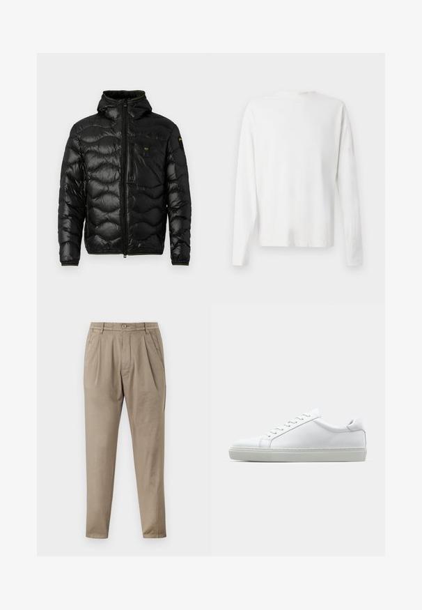 Črna puhovka z sijočo teksturo, kapuco, zadrgo in valovnim vzorcem. Ima žep na prsih in kontrastne rumene detajle.; Bela bombažna srajca z dolgimi rokavi in okroglo ovratnikom, z bočnimi razporki na dnu in gladko teksturo, prikazana s hrbtne strani.; Bež hlače iz mehkega materiala, z sproščenim krojem, nabranim sprednjim delom, elastičnim pasom in zoženimi nogavicami.; Bela športna obutev z gladkim usnjenim zgornjim delom in nizkim profilom. Ima zaokrožen nos, šest lukenj za vezalke in teksturiran gumijast podplat.